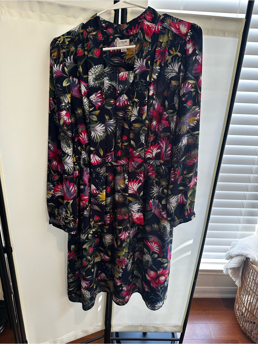 J. Crew Black Long-Sleeve Floral Dress with Pink and Green Accents
